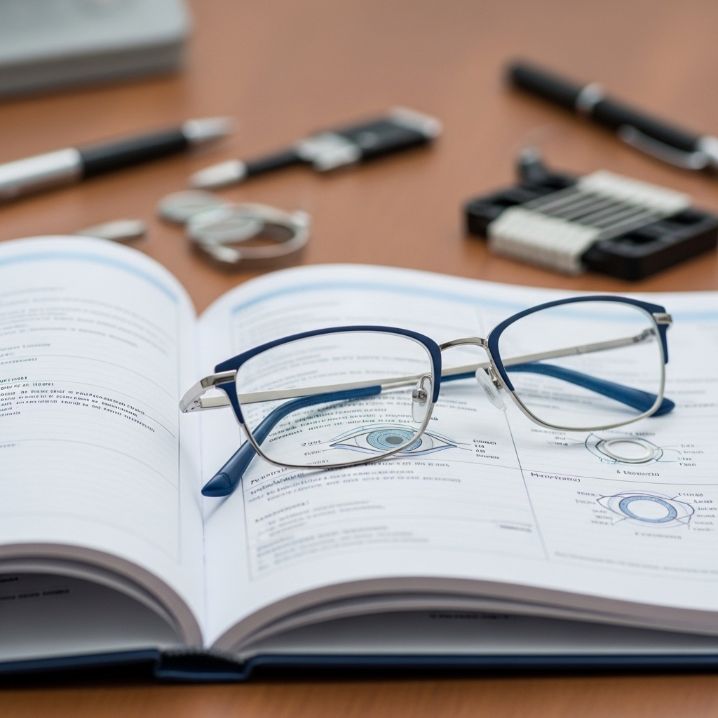 Eyeglasses resting on an open eye care textbook on a desk, with pens and small optical tools blurred in the background