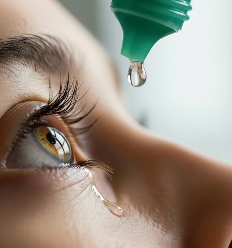 Patient using lubricating eye drops for dry eye relief at home